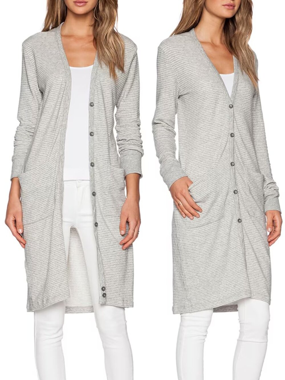James Perse Long Fleece Heather Grey Stripe V-Neck Cardigan Small Coastal